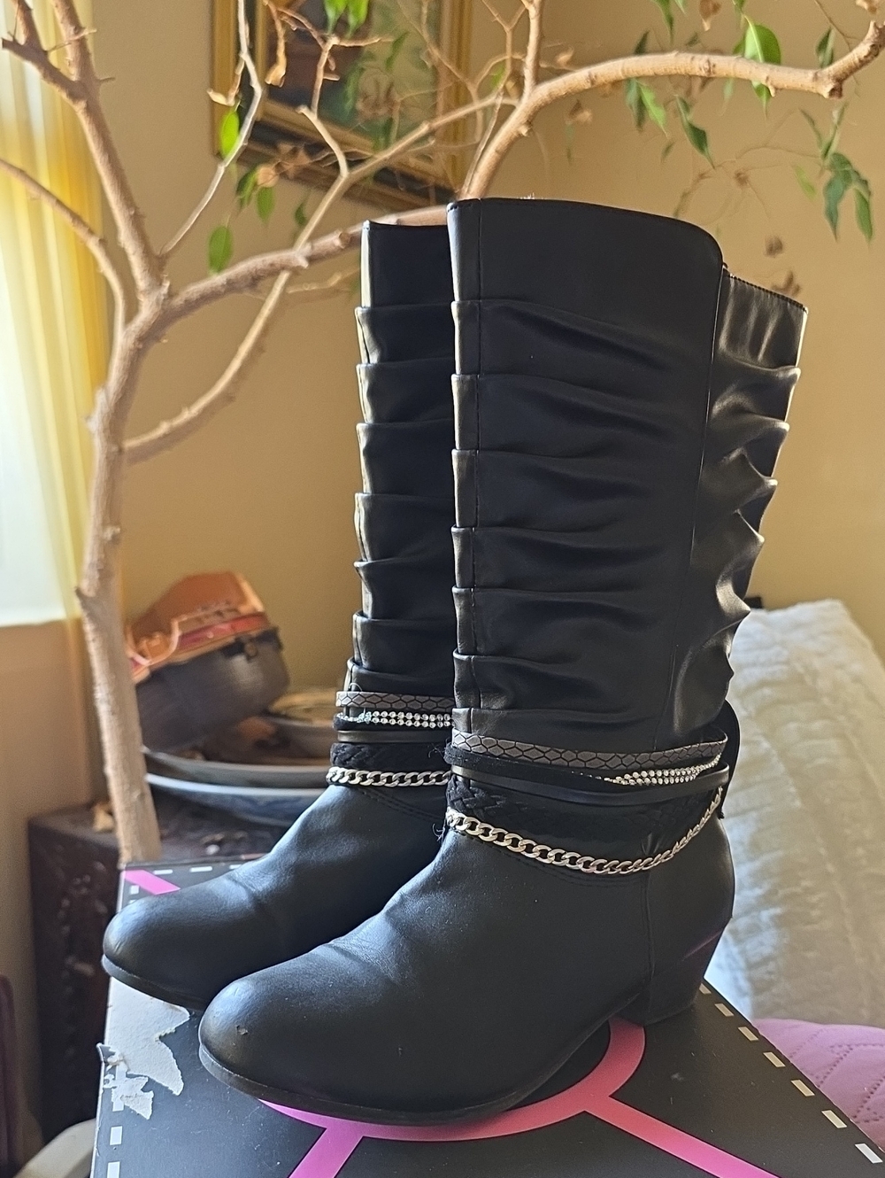 Girls' Black Mid-Calf Boots with Chain Accent